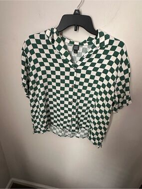 wild fable Green and White Checkered Button-Front Crop Shirt